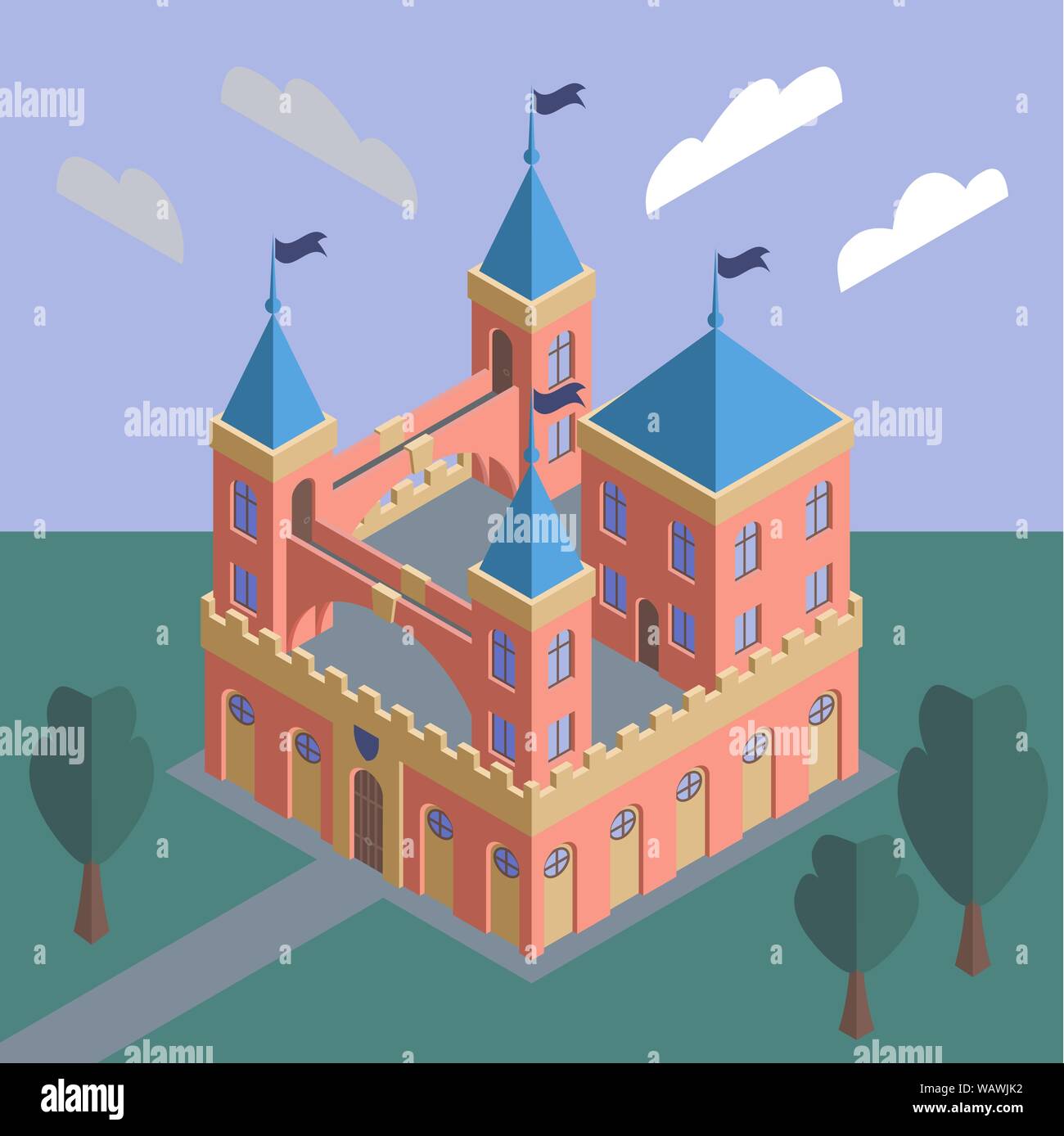 Illustrazione di un fiabesco Castello medievale contro un paesaggio estivo. EPS vettoriali10 Illustrazione Vettoriale