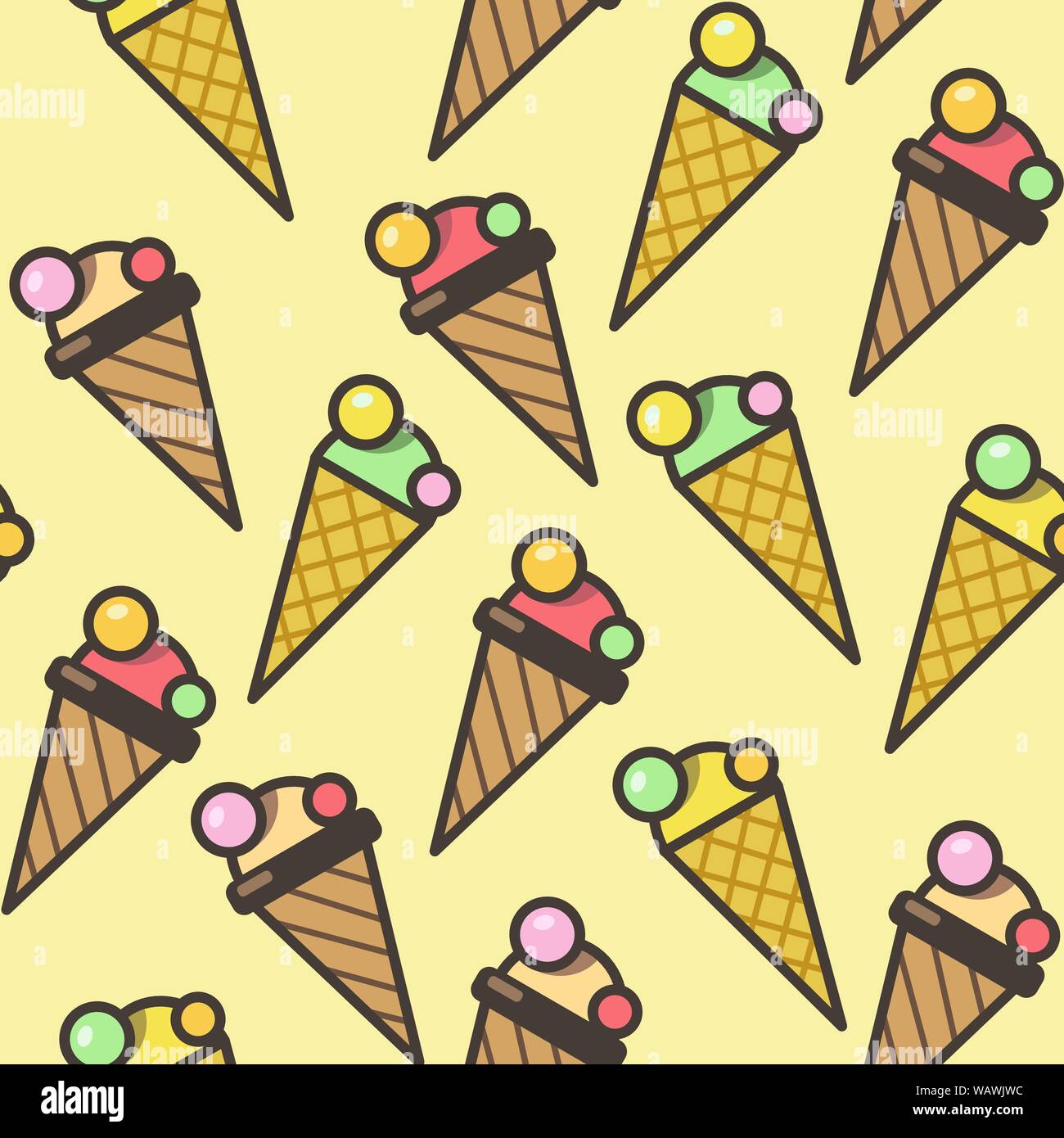 Coni gelato pattern seamless sfondo, illustrazione colorata. Design per carta da parati, carta regalo, riempimenti, sfondo della pagina web. Illustrazione Vettoriale