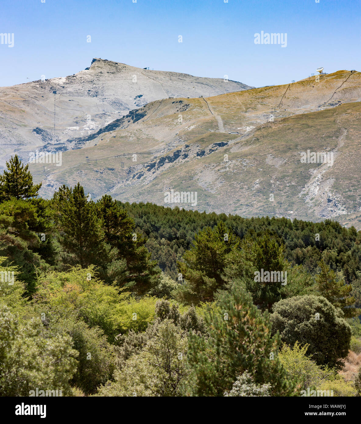 Gli escursionisti con zaini di andare fino a Pico Veleta vertice, Sierra Nevada, nella stagione estiva. Granada, Andalusia, Spagna. Foto Stock