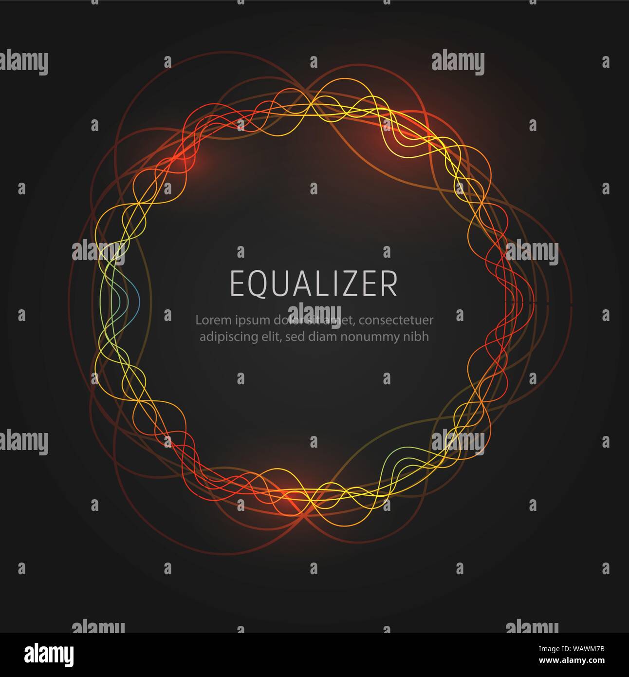 Le linee ondulate suono brillante rotondo onda o onde radio o onda vocale, illustrazione vettoriale su sfondo nero. Illustrazione Vettoriale