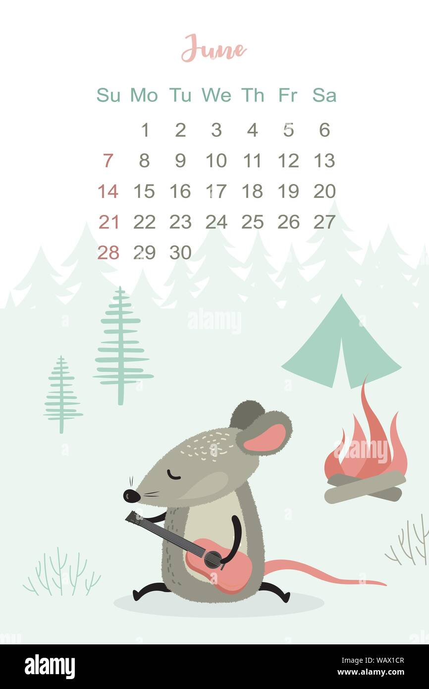 Il mese di giugno 2020 Progettazione del modello. Calendario 2020 con divertenti e carino rat. Il layout verticale. Carattere animale suona la chitarra. Illustrazione Vettoriale Illustrazione Vettoriale