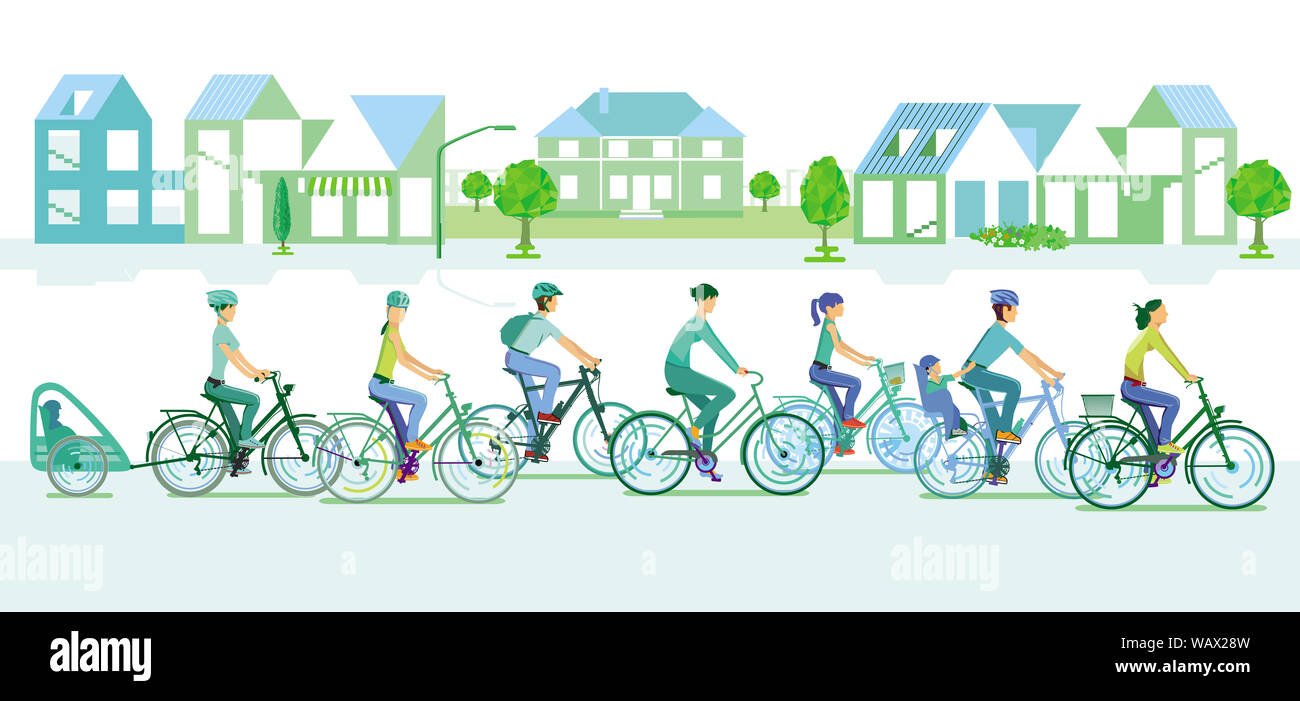 La silhouette della città con i ciclisti Foto Stock