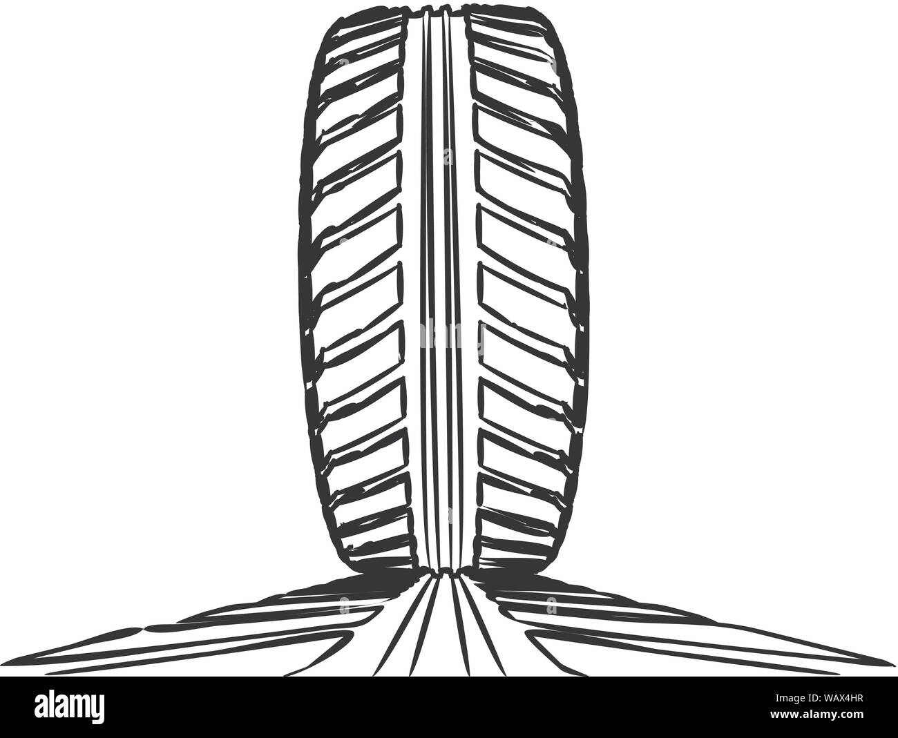 Pneumatici per auto con tracce di pneumatici su uno sfondo bianco. Disegnate a mano design Illustrazione Vettoriale