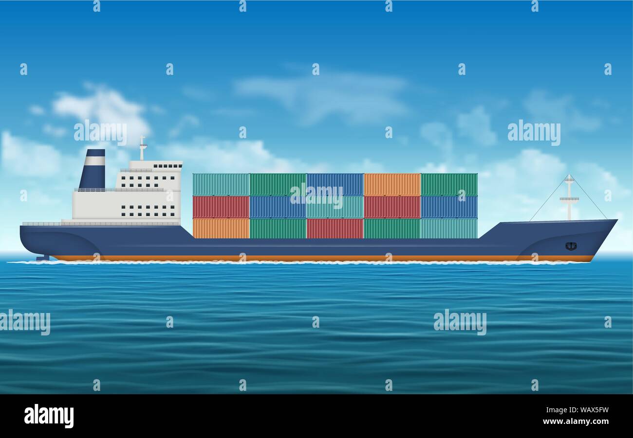 Nave da carico che trasportano contenitori dal mare. Logistica e trasporto di sfondo vettoriale Illustrazione Vettoriale