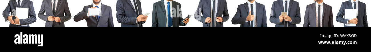 Corpo maschio parti giovani imprenditori in abito grigio e cravatta isolato permanente contro uno sfondo bianco, Collage di pose diverse Foto Stock