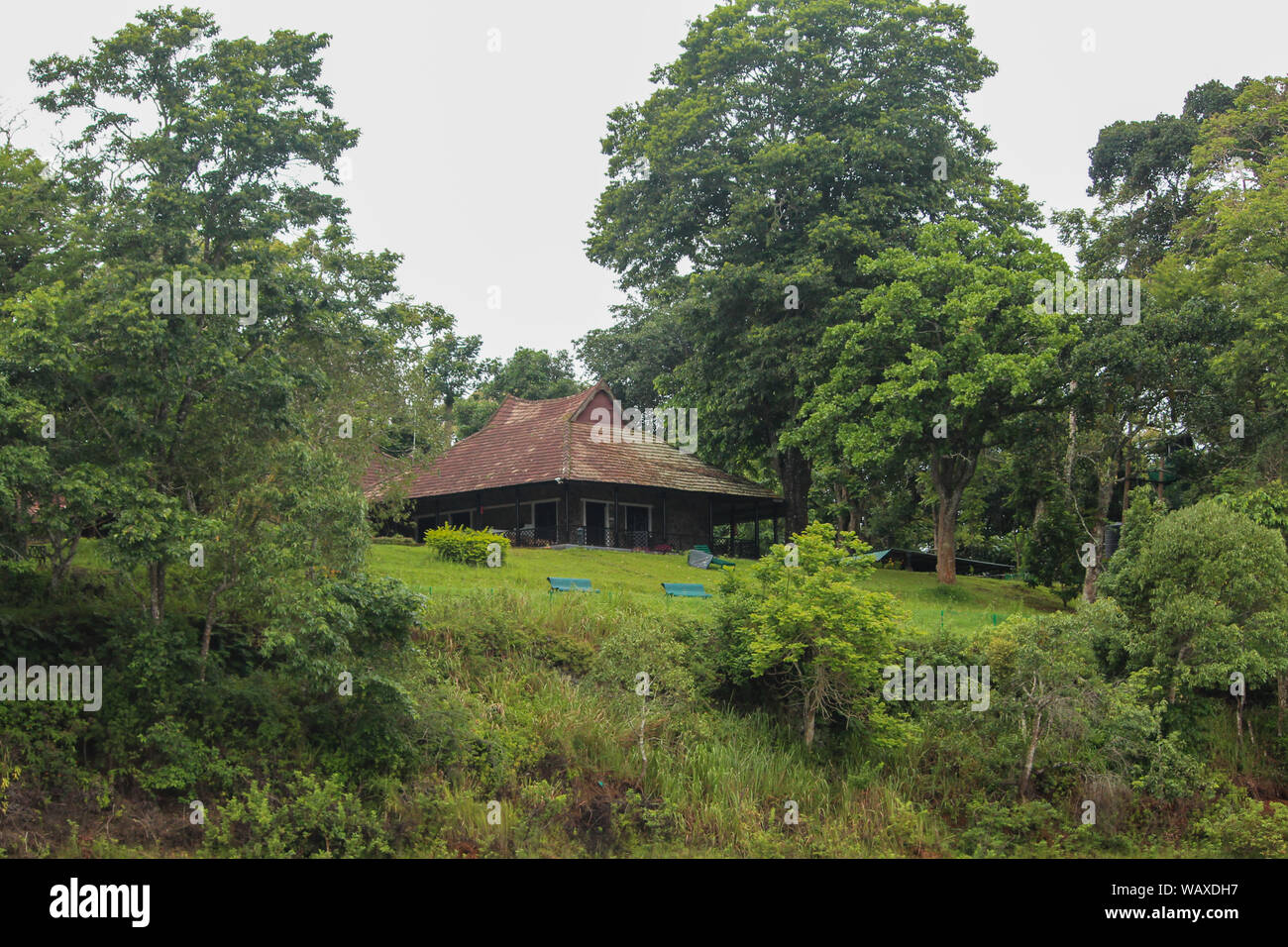 Guest house al centro del lago del Periyar nel Parco Nazionale del Periyar e Wildlife Sanctuary, Thekkady Kerala, India Foto Stock