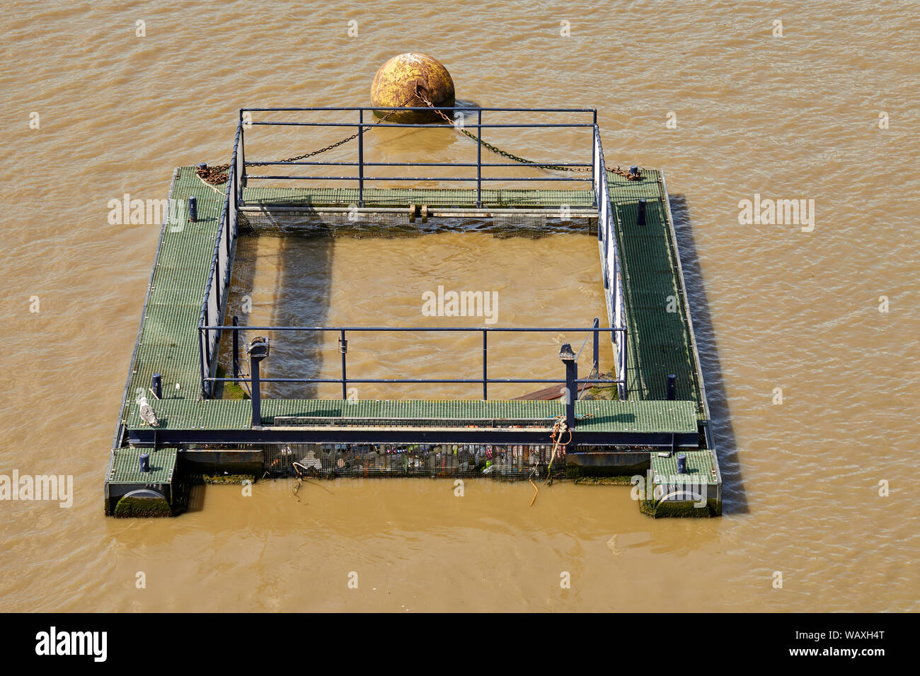 Un passivo raccoglitore di residui (PDC), utilizzato per intercettare i rifiuti galleggianti in un fiume prima che defluisce al mare. Foto Stock