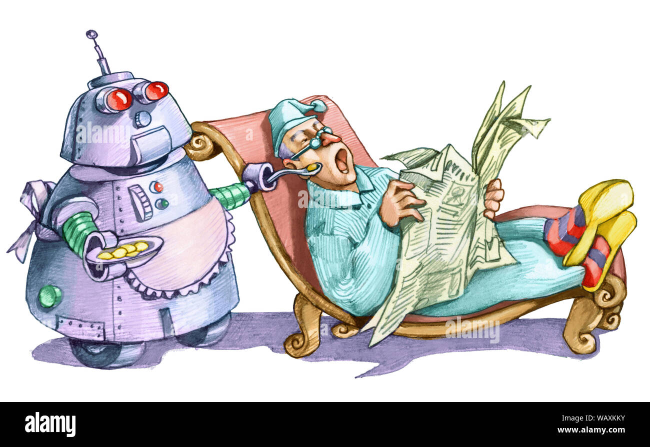 Uomo Legge giornale rilassato sul lettino e un robot lo nutre allegoty della matita di automazione Illustrazione umoristica Foto Stock
