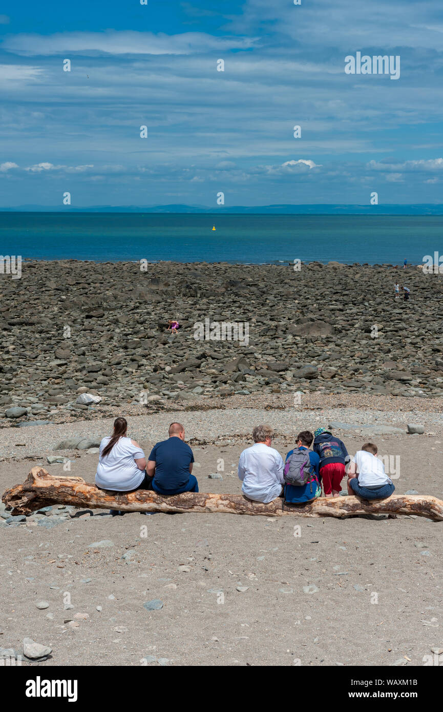 Persone che guardano il mare da seduto su un tronco lungo la costa di Lynmouth Foto Stock