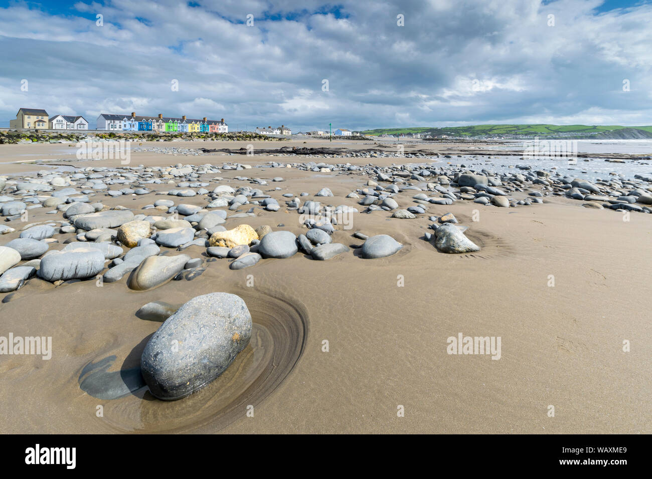 Borth spiaggia sul Ceredigion regione costiera del Galles centrale mostra il 4,500-5.000 anni foresta pietrificata rimane. Foto Stock