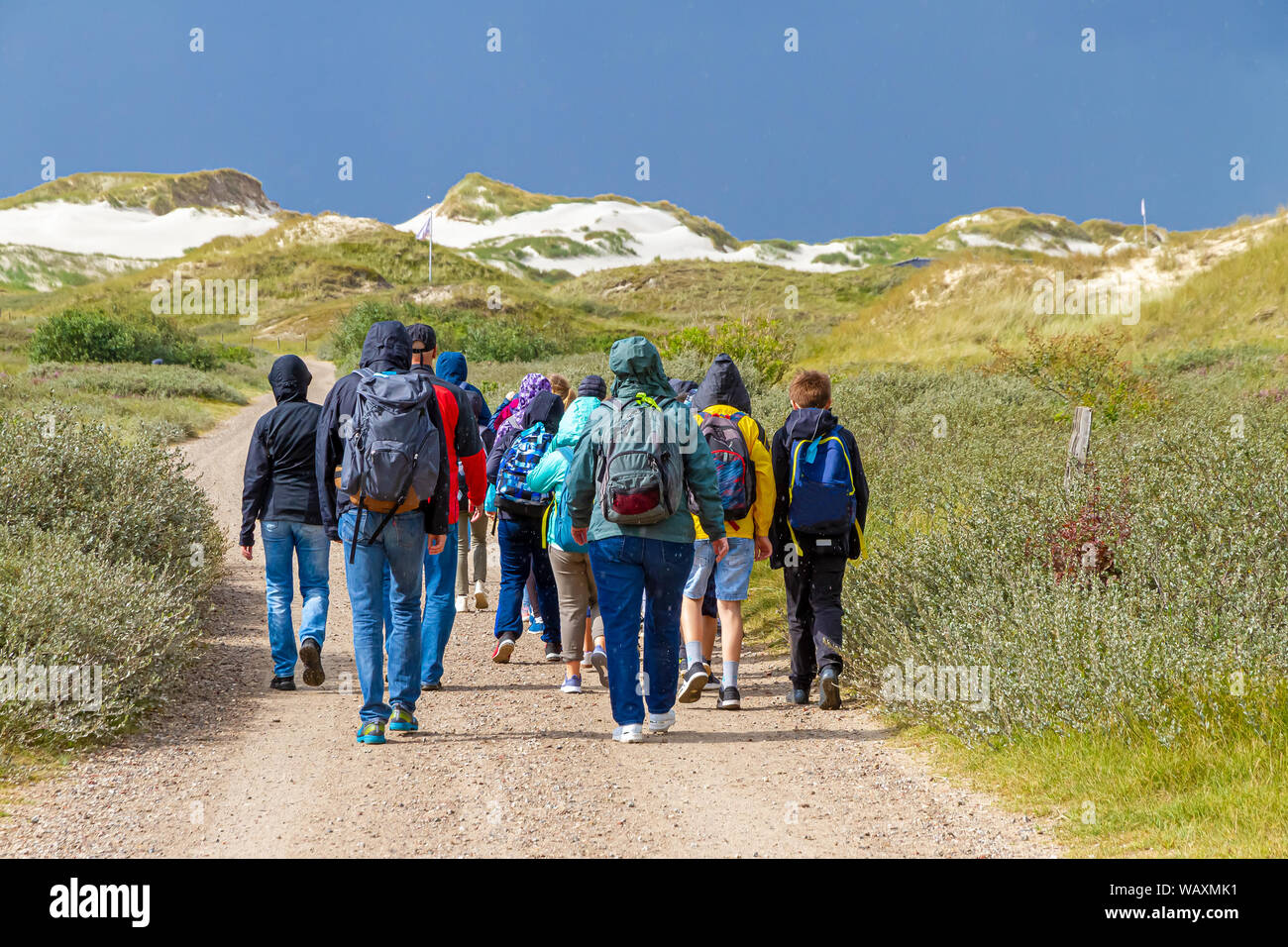 Classe della scuola a piedi su isola di Amrum Foto Stock