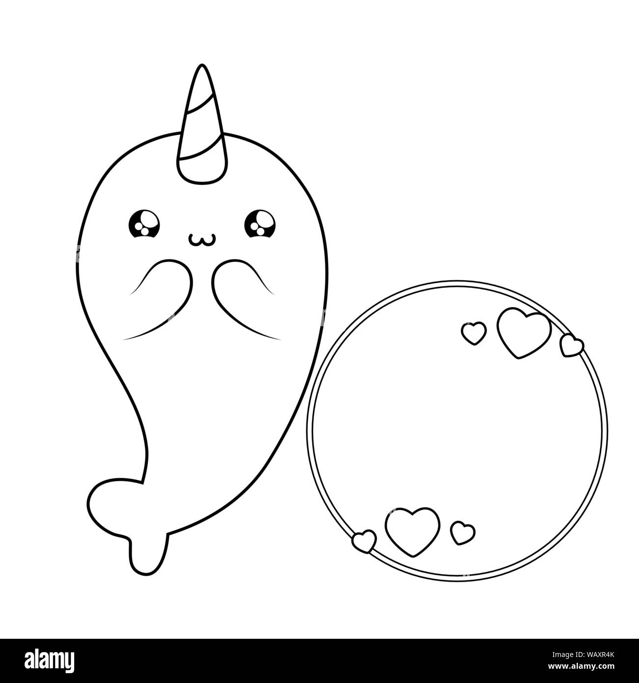 Carino narwhal fiabesco stile kawaii illustrazione vettoriale design Illustrazione Vettoriale