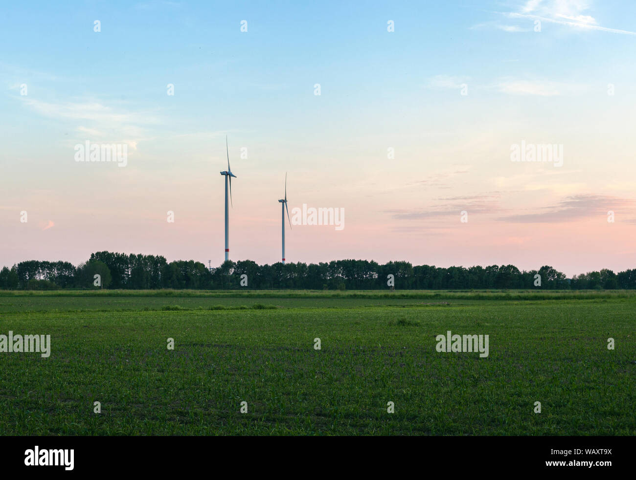 Il potere di vento due turbine eoliche nel paese in Brandenburg Germania sostenibilità turnaround di energia Foto Stock