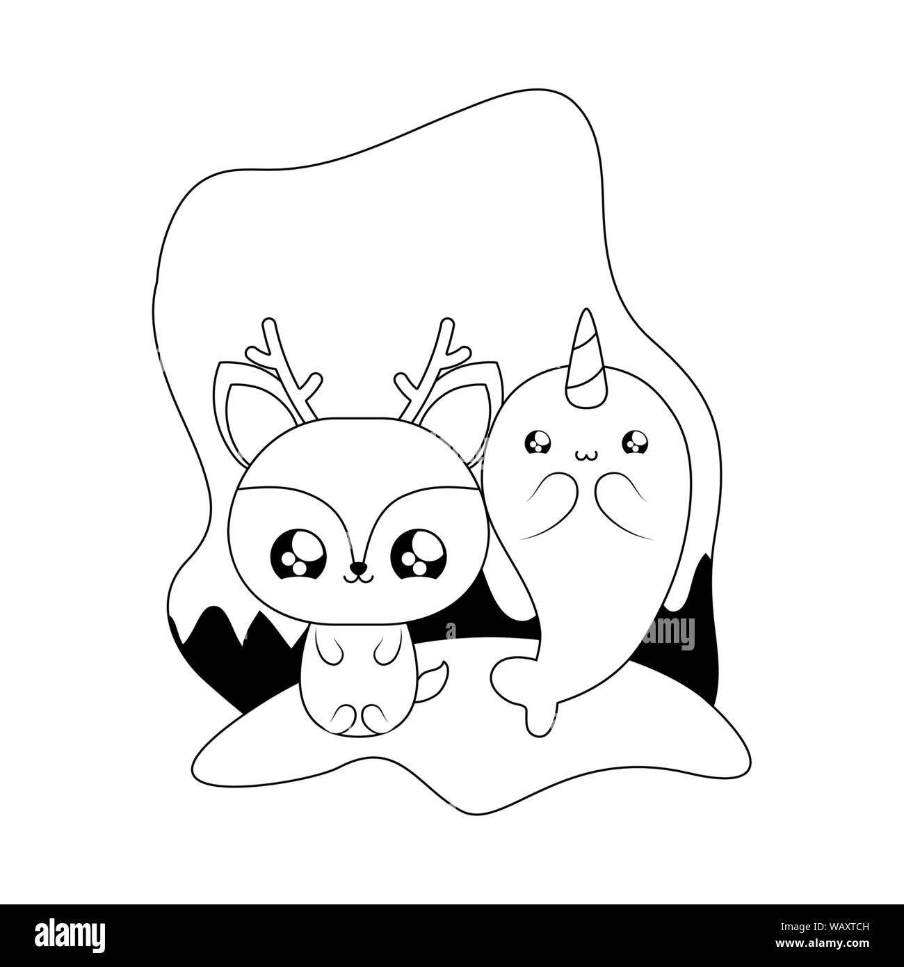 Narwhal carino con le renne kawaii style illustrazione vettoriale design Illustrazione Vettoriale