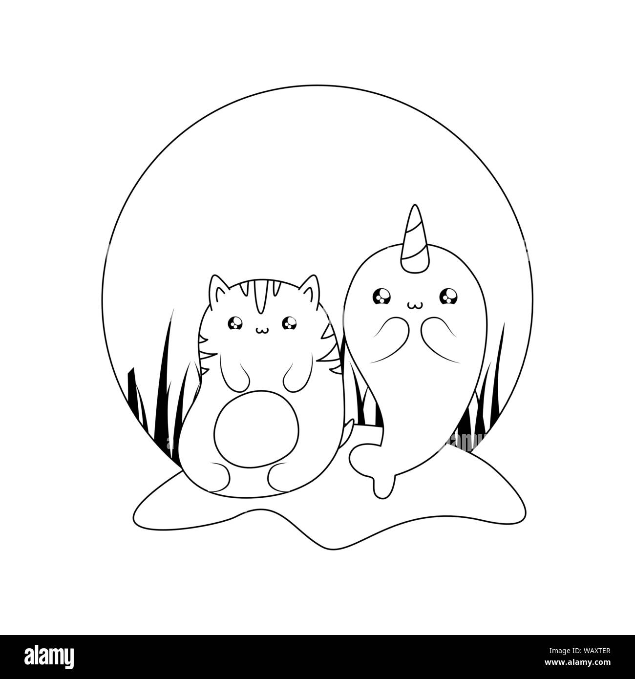 Carino narwhal fiabesca con cat kawaii style illustrazione vettoriale design Illustrazione Vettoriale