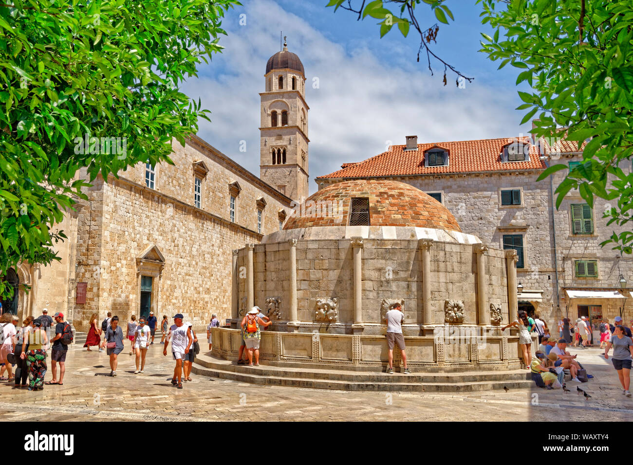 Onofrio di Trevi e inizio di Stradun strada principale a Dubrovnik Città Vecchia sulla costa dalmata della Croazia. Foto Stock