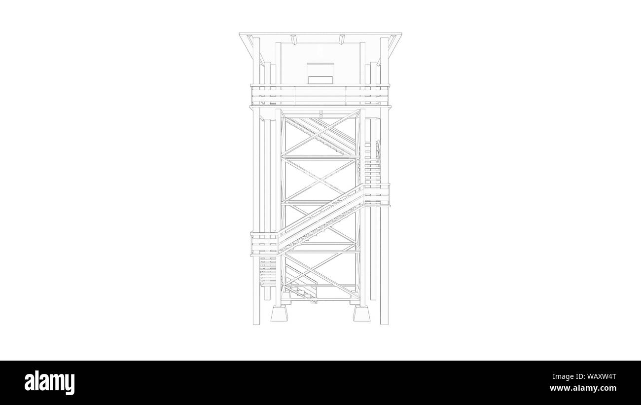 3D rendering disegno schizzo di una torre di avvistamento isolato in uno sfondo bianco Foto Stock