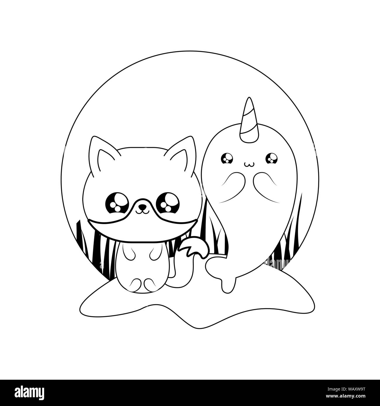 Carino narwhal con fox animali kawaii style illustrazione vettoriale design Illustrazione Vettoriale