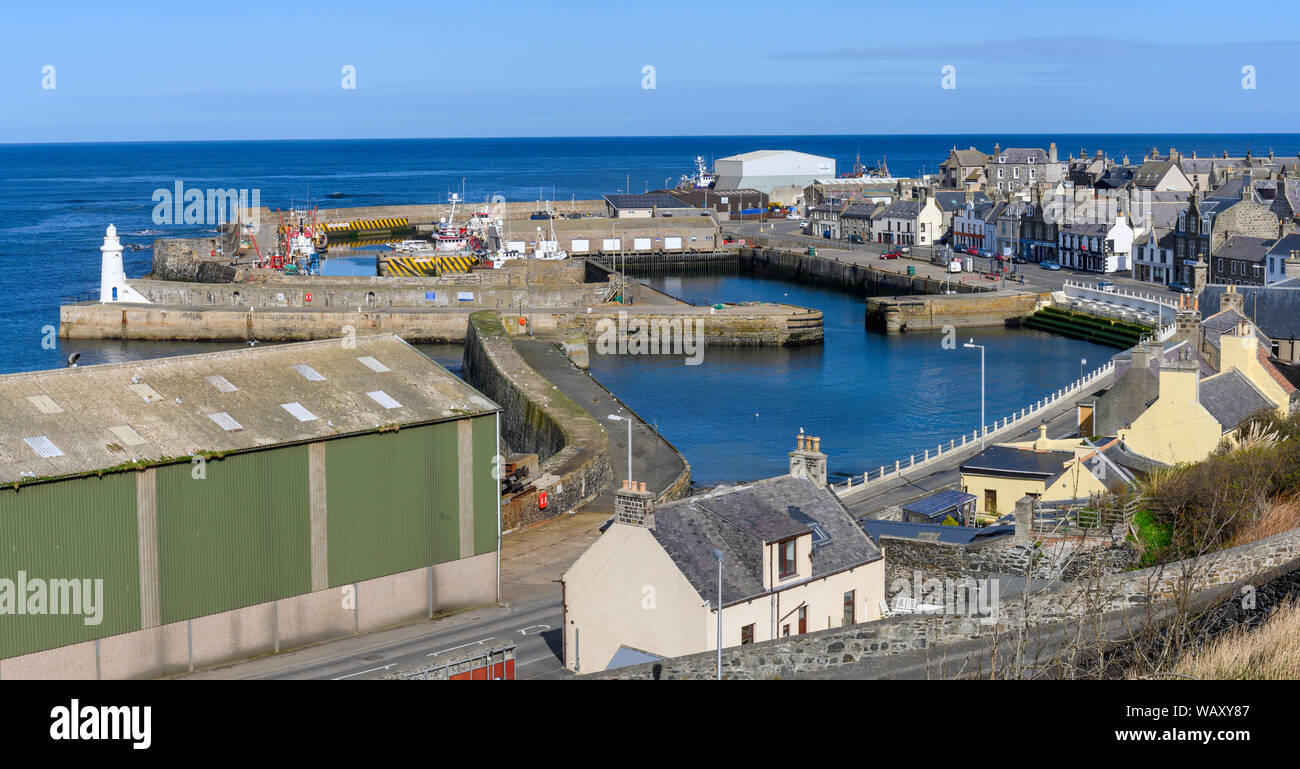 Arial vista del porto, MacDuff, Aberdeenshire, Scotland, Regno Unito Foto Stock