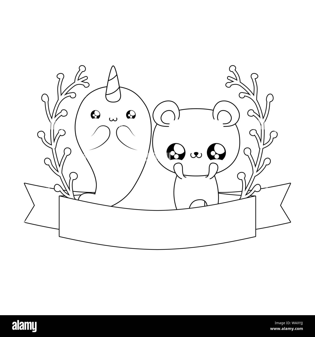 Carino narwhal fiabesca con orso kawaii style illustrazione vettoriale design Illustrazione Vettoriale