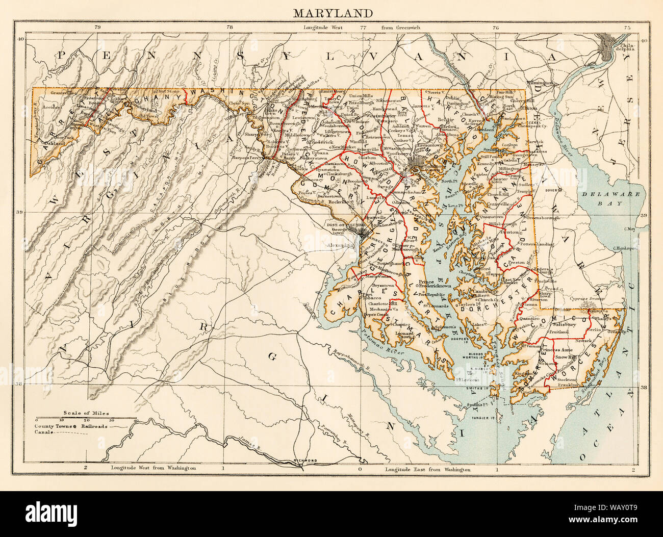 Mappa di Maryland, 1870s. Colore llithograph Foto Stock