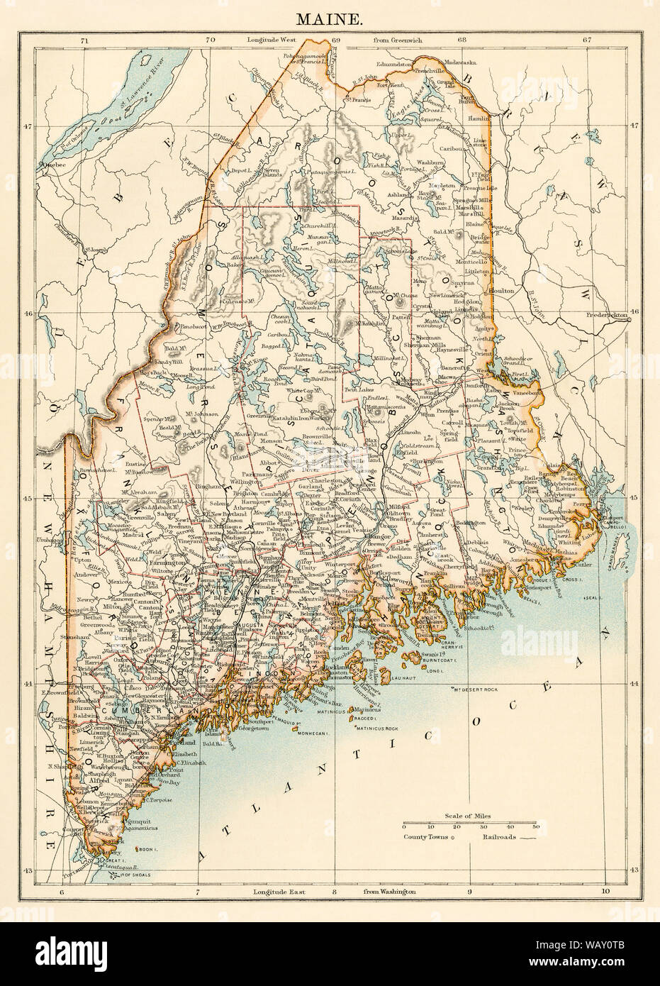 Mappa del Maine, 1870s. Litografia a colori Foto Stock