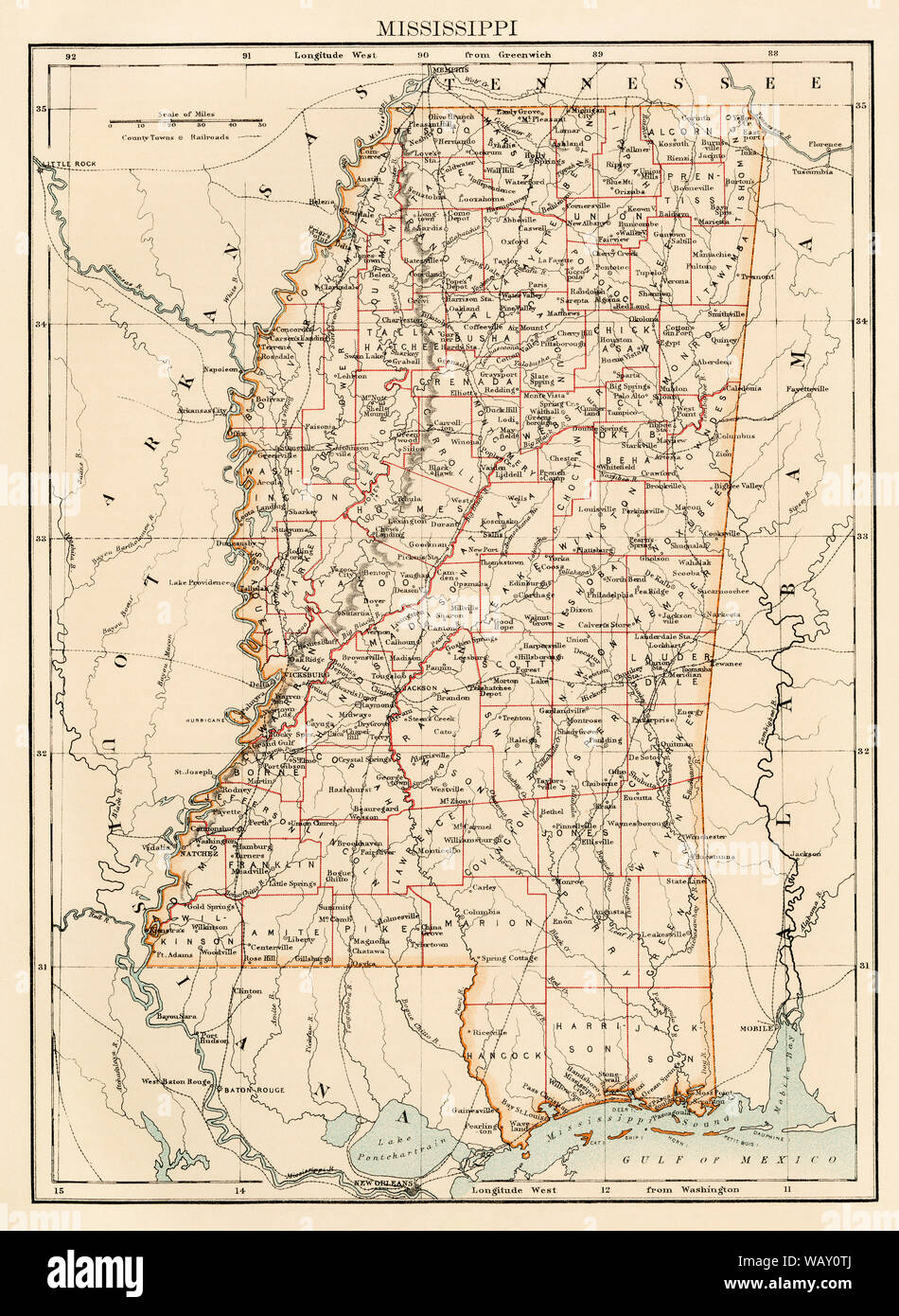 Mappa del Mississippi, 1870s. Colore llithograph Foto Stock