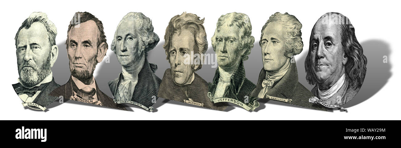 Ritratti di America presidenti e politici di dollari isolati su sfondo bianco. Foto a un angolo di quarantacinque gradi, con un'ombra. Foto Stock