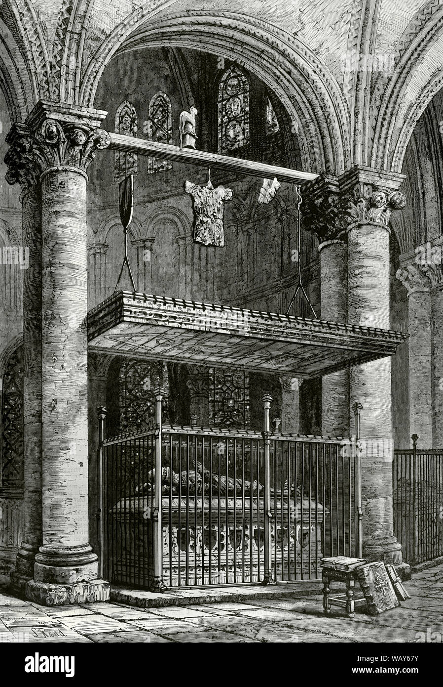 Edward di Woodstock, anche knowns come Edward il Principe Nero (1330-1376). Il figlio maggiore di Re Edoardo III di Inghilterra e quindi erede al trono Inglese. Edward fu creato conte di Chester (1333), duca di Cornovaglia (1337), il Principe del Galles (1343) e il principe di Aquitania (1362-1372). Tomba del Principe Nero nella Cattedrale di Canterbury. Incisione. La Ilustracion Española y Americana, Luglio 8, 1876. Foto Stock