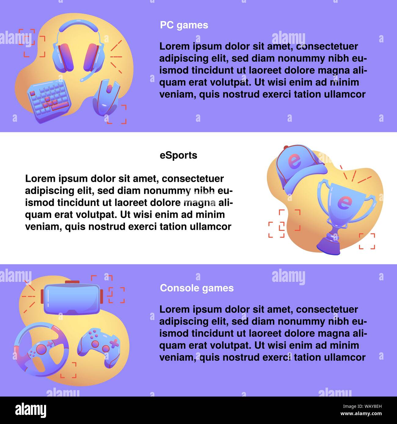 Video di generi di gioco dell'E-sport concetto banner con posto per il testo. Costruisce per giochi PC, VR giochi e Esports campionato. Illustrazione Vettoriale. Illustrazione Vettoriale