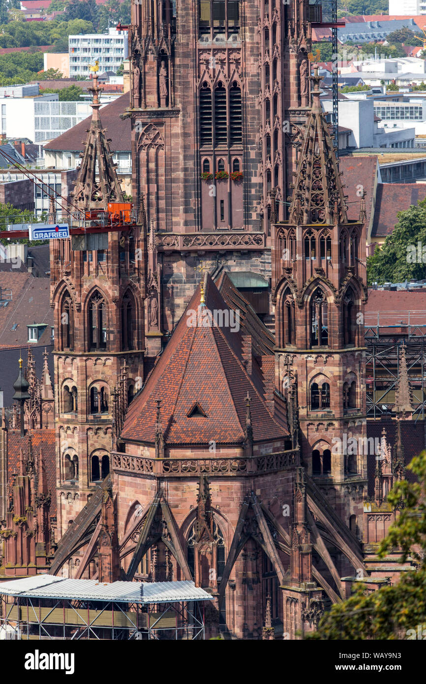 Freiburg im Breisgau, la città vecchia, la Chiesa torre della cattedrale di Friburgo, Foto Stock