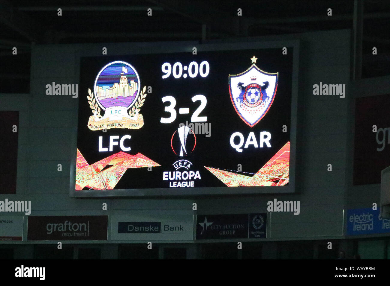 Windsor Park, Belfast, Irlanda del Nord, Regno Unito.22 Aug 2019.UEFA Europa League, play-off Round (prima gamba), Linfield (blu) v Qarabag. Tempo-pieno in Belfast. Credit:David Hunter/Alamy Live News. Foto Stock