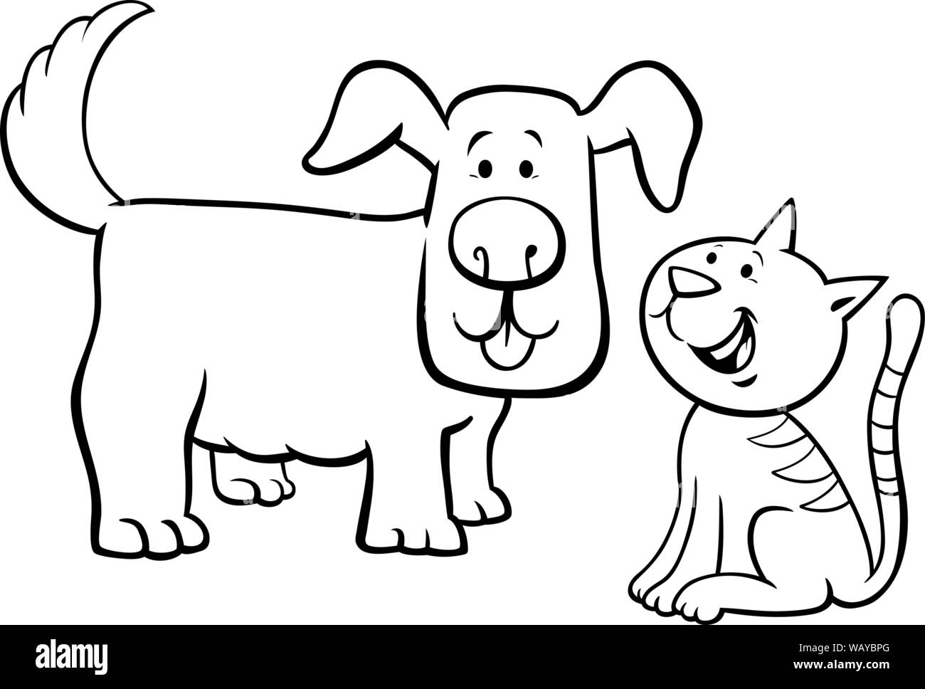 Bianco e Nero Cartoon illustrazione del grazioso cucciolo e piccolo felice gattino Animale da compagnia caratteri libro da colorare Illustrazione Vettoriale