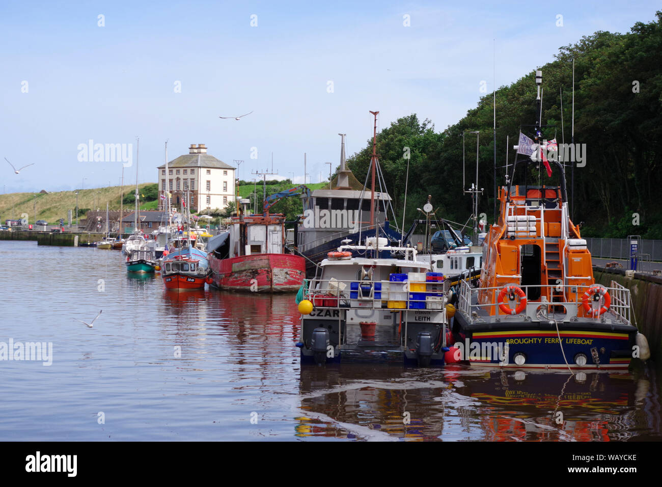 Varie le navi ormeggiate nel porto di Eyemouth, una piccola città e parrocchia civile in Berwickshire, in Scottish Borders area della Scozia. Foto Stock