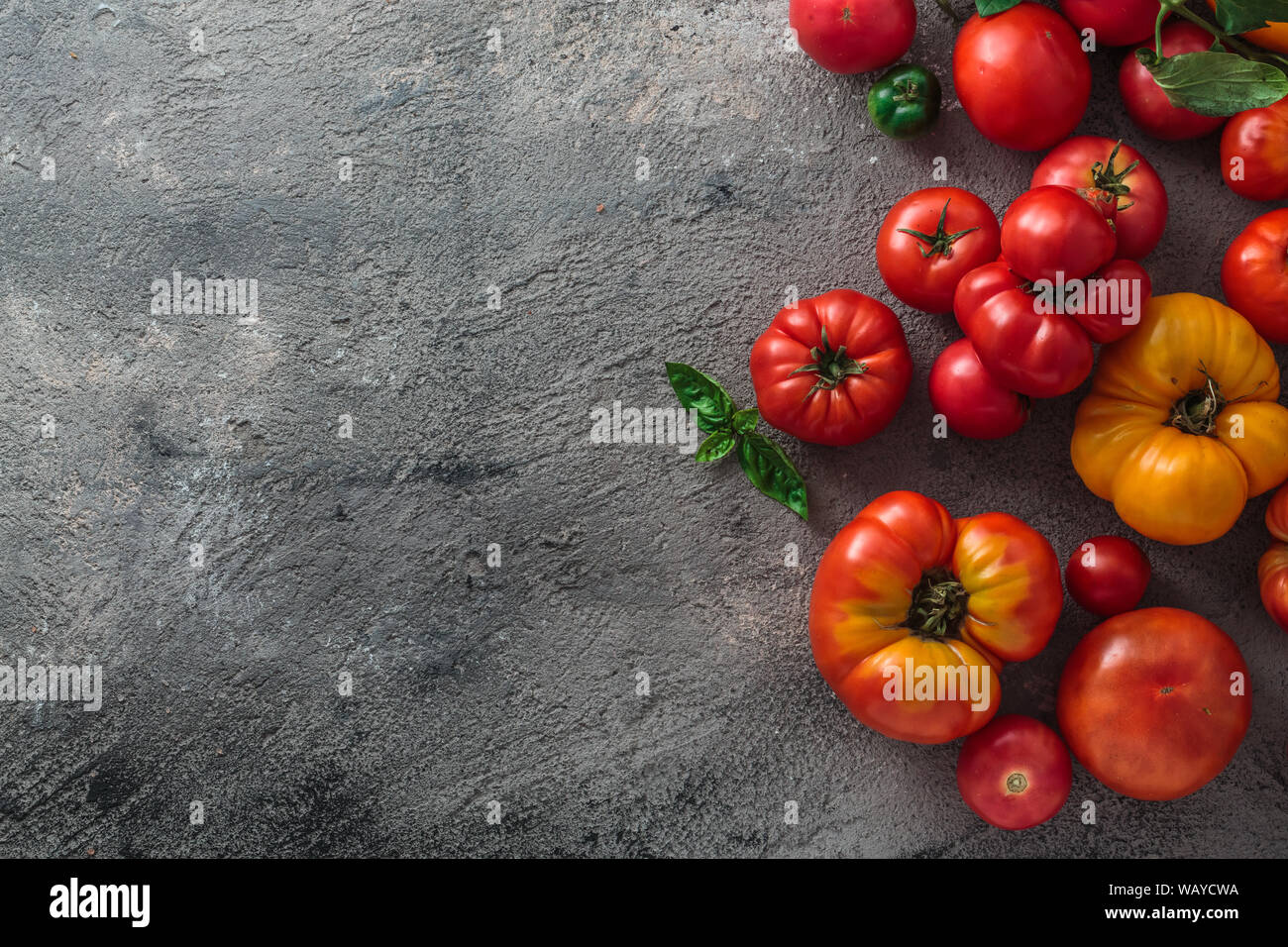 Pomodori freschi su un sfondo di calcestruzzo. Vista da sopra con lo spazio di copia Foto Stock