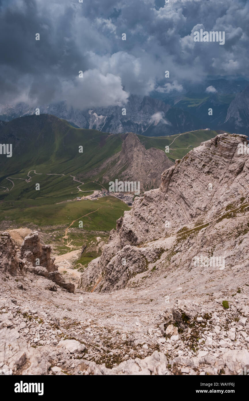 Il Sass Pordoi in Alto Adige, Italia Foto Stock