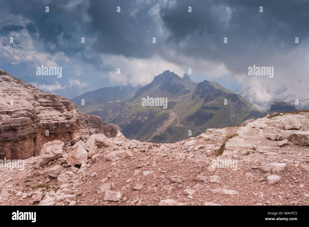 Il Sass Pordoi in Alto Adige, Italia Foto Stock