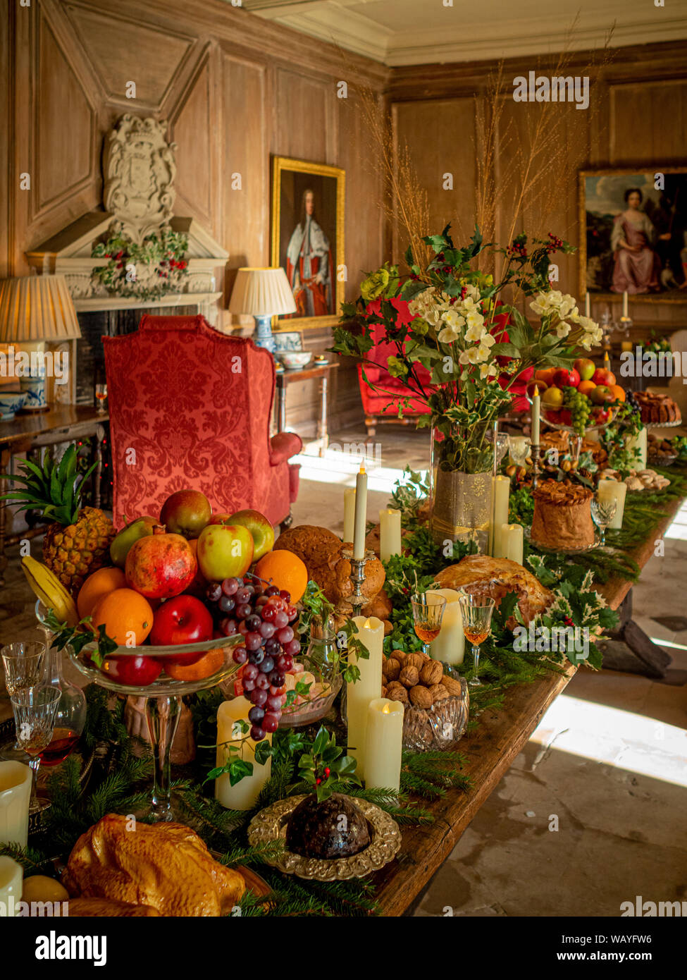Festa tradizionale cibo sul tavolo a Nunnington Hall, North Yorkshire, Regno Unito. Foto Stock