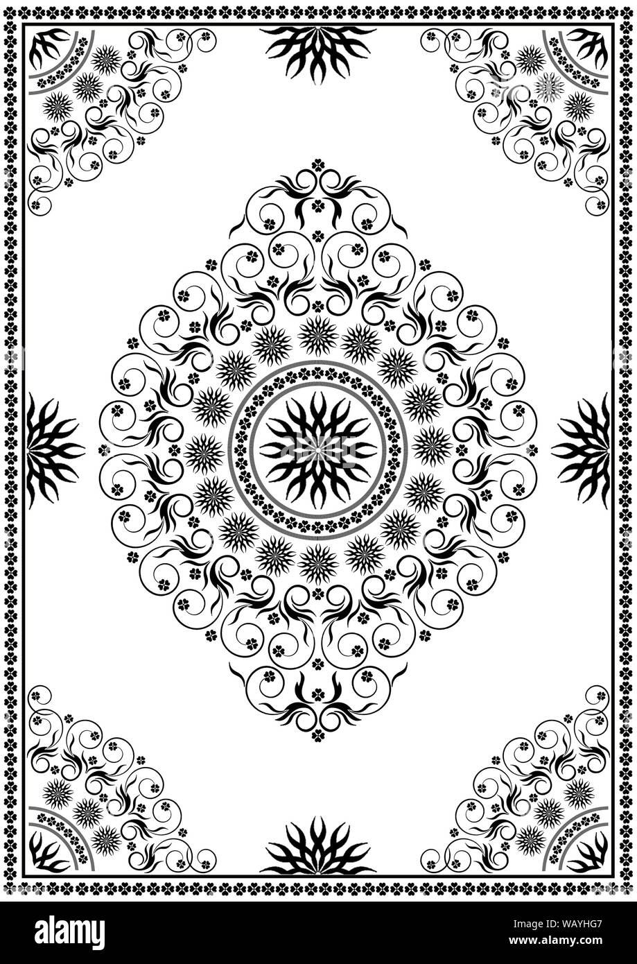 Vintage telaio nero con bordi e angoli di patterns calligrafica linee vorticoso con fiori, ramoscelli e foglie e ovale ornamento nel centro di Foto Stock
