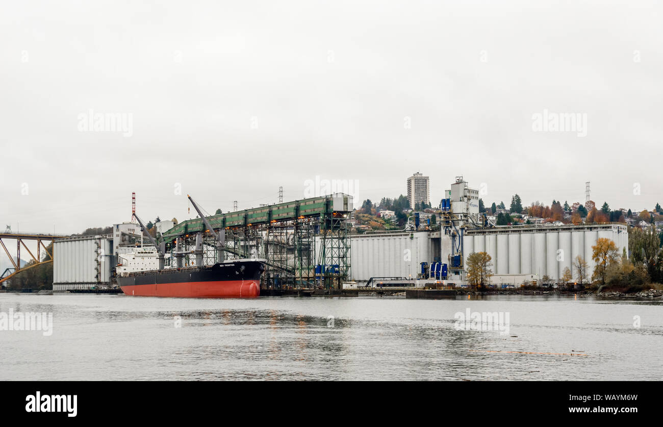 VANCOUVER, BC, Canada - 01 novembre 2018: la nave portarinfuse 'nuova frontiera' è ancorata in corrispondenza del terminale di Cascadia. Foto Stock