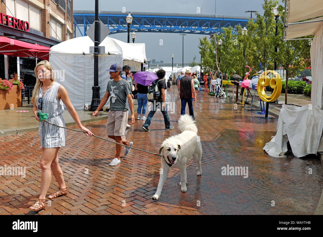 Una donna cammina il suo cane attraverso la leggera pioggia caduta sul 2019 Appartamenti annuale Festival delle arti sulla riva est del Appartamenti in Cleveland, Ohio. Foto Stock