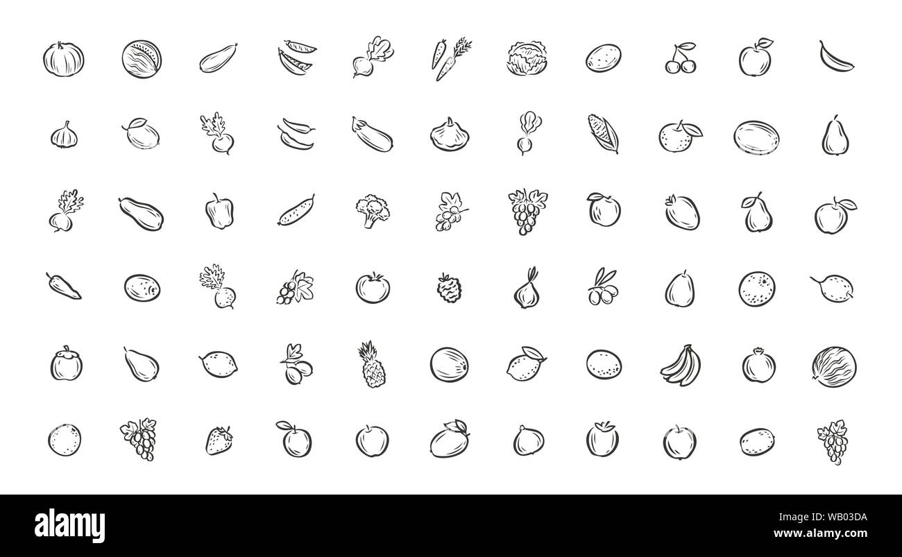 Set di icone per frutta e verdura. Illustrazione del vettore alimentare Illustrazione Vettoriale