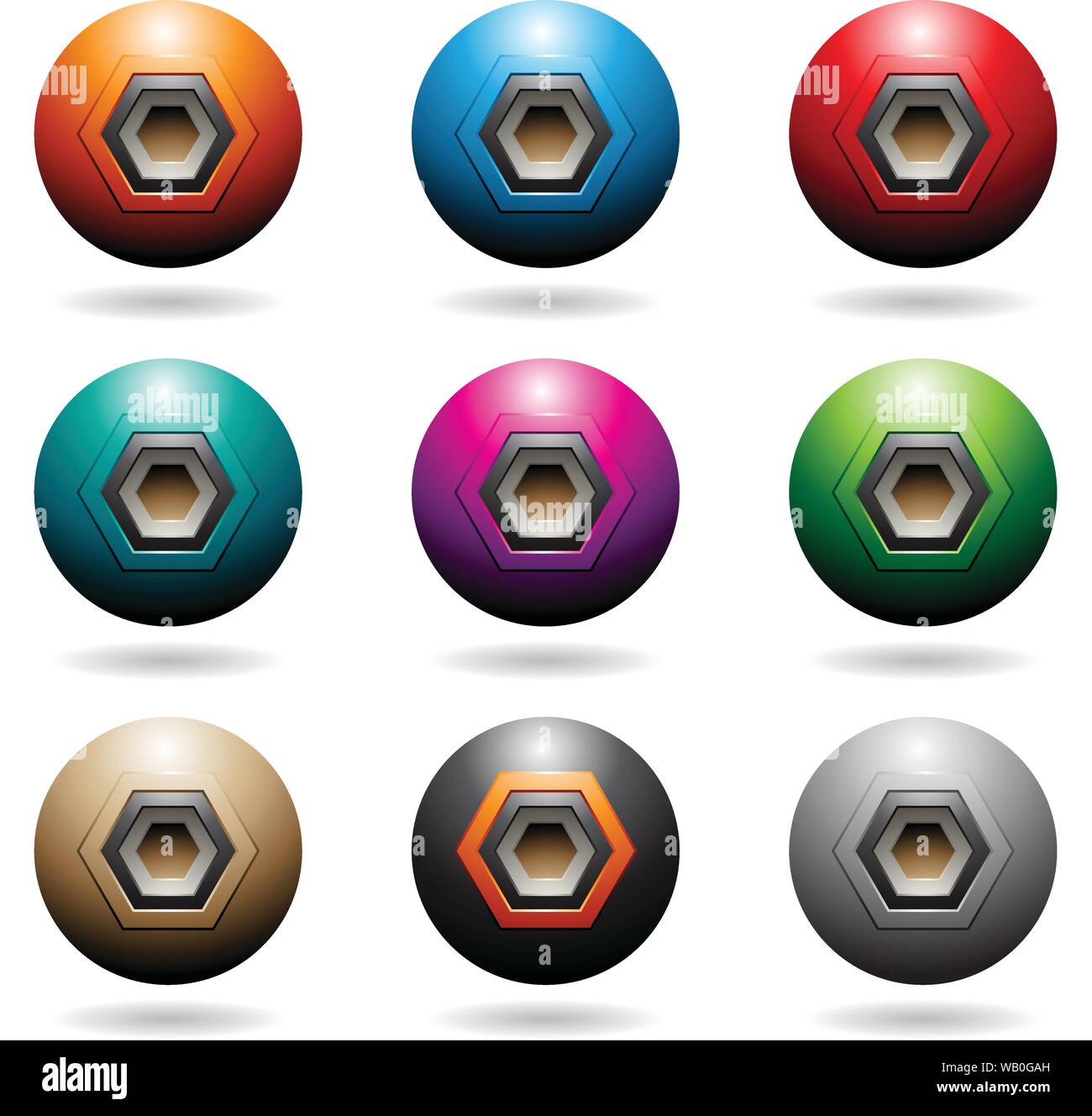 Illustrazione Vettoriale di colorato goffrato altoparlante a sfera con icone di forma esagonale isolata su uno sfondo bianco Illustrazione Vettoriale