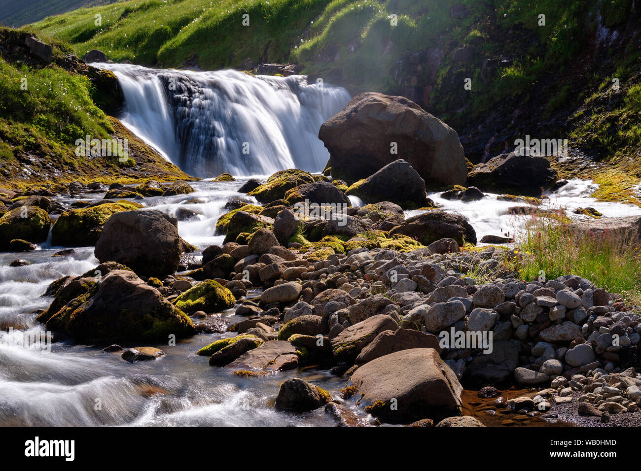 Il fiume selvaggio con potente cascata con campo di massi in foregrund nel paesaggio montano di Westfjords, Islanda Foto Stock