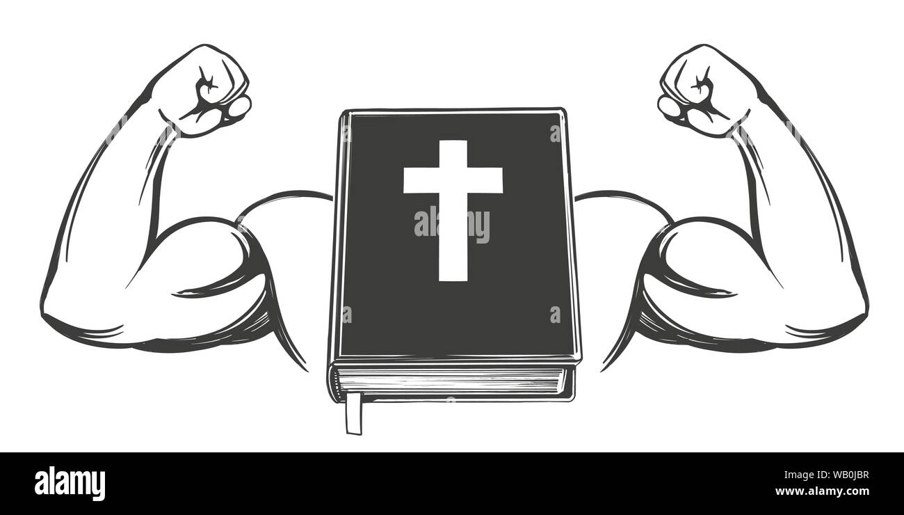 La Bibbia, braccio, bicipite, forte , simbolo del cristianesimo icona mano cartoon simbolo disegnato a mano illustrazione vettoriale sketch. Illustrazione Vettoriale