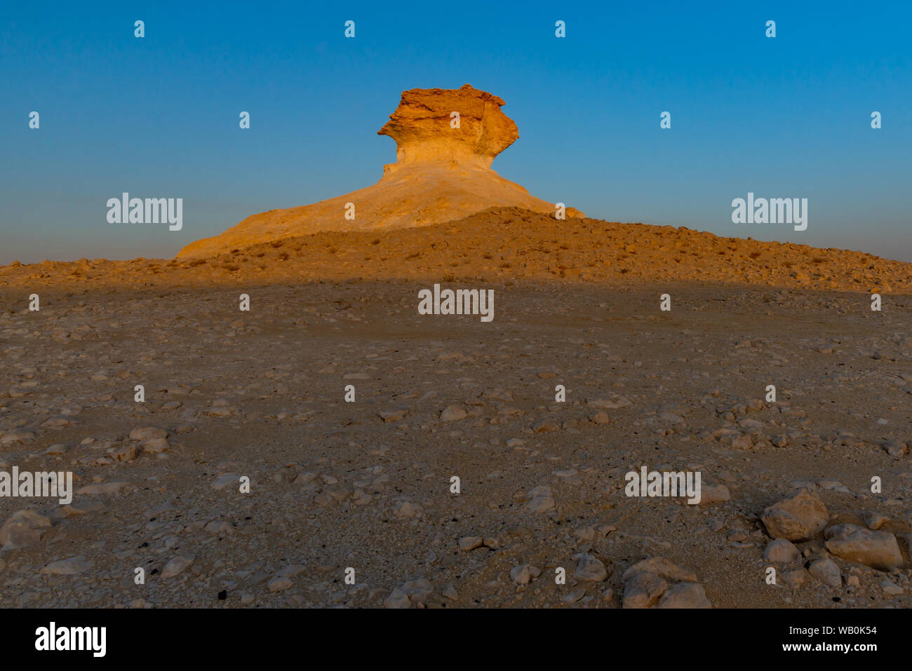 Formazione di roccia che mimano una sfinge testa nel deserto del Qatar al tramonto Foto Stock