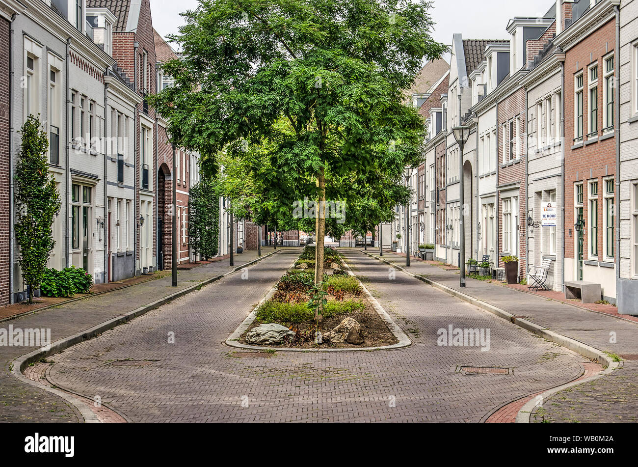 Helmond, Paesi Bassi, Agosto 16, 2019: strada fiancheggiata con case in stile neaclassicist, con una fila di alberi in middel, in neighbo postmoderna Foto Stock