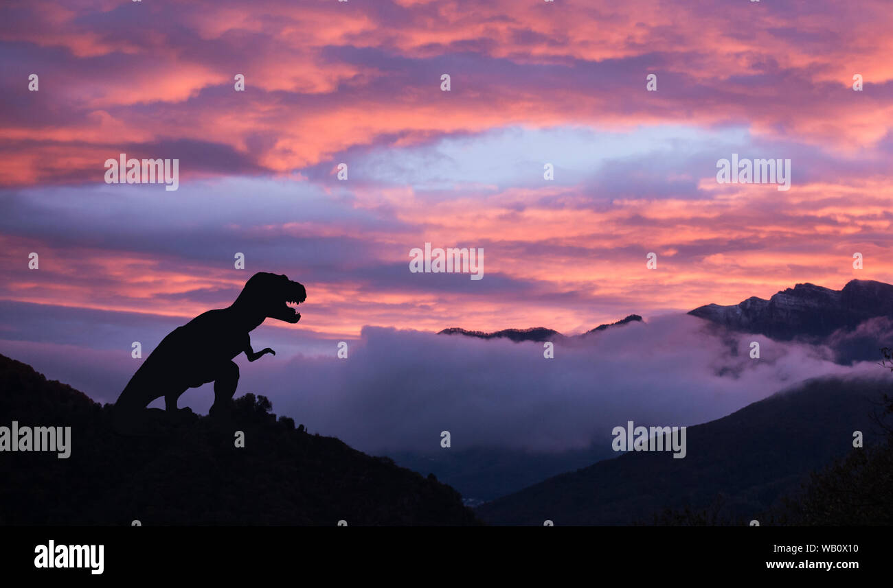 Silhouette di un Tirannosauro Rex all'alba con nebbia di mattina e il cielo rosa nel Cretaceo era Foto Stock