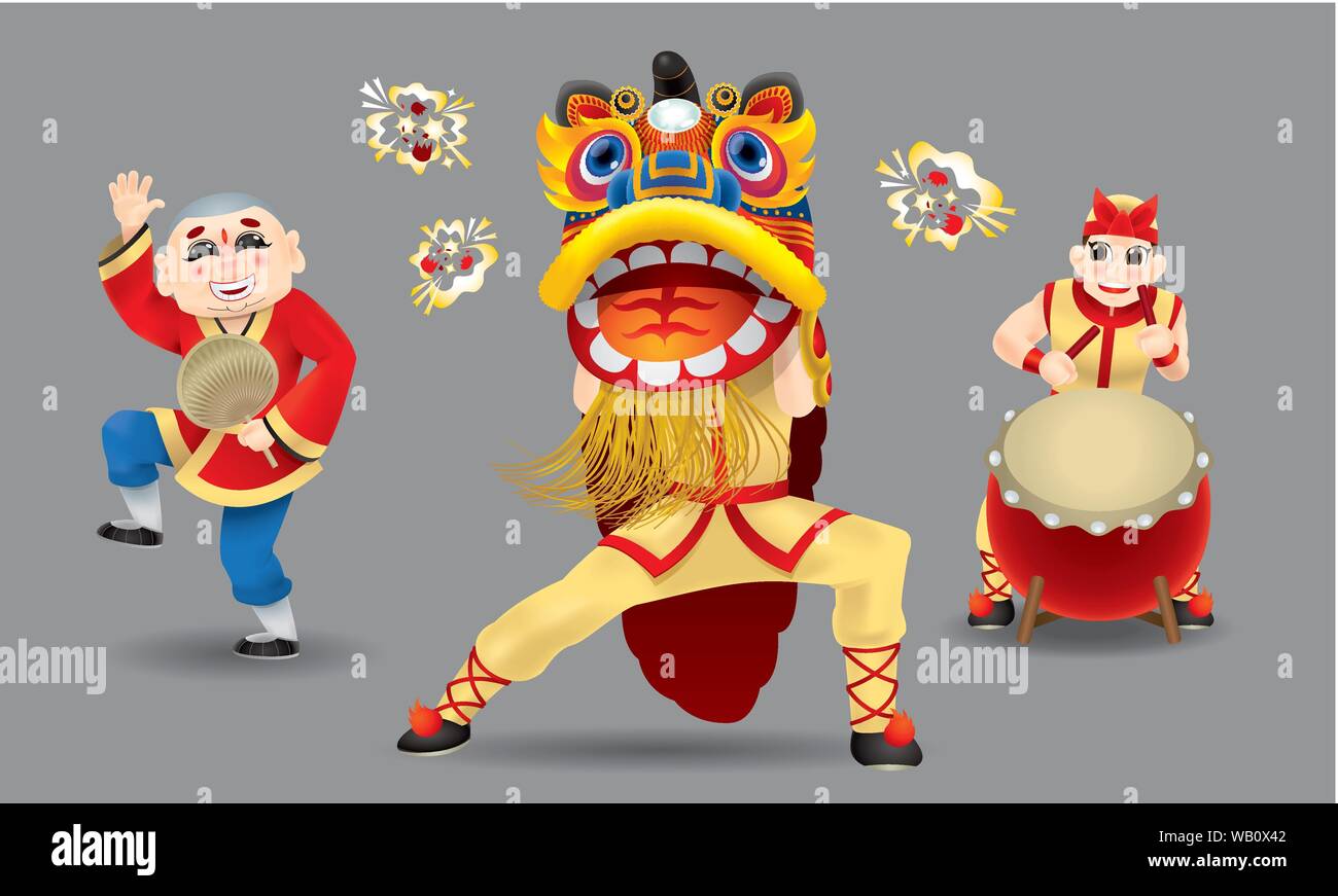 Gli uomini felici di eseguire Cinese tradizionale danza del leone. Illustrazione Vettoriale
