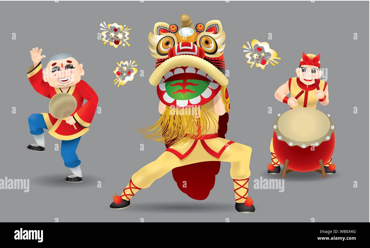 Gli uomini felici di eseguire Cinese tradizionale danza del leone. Illustrazione Vettoriale